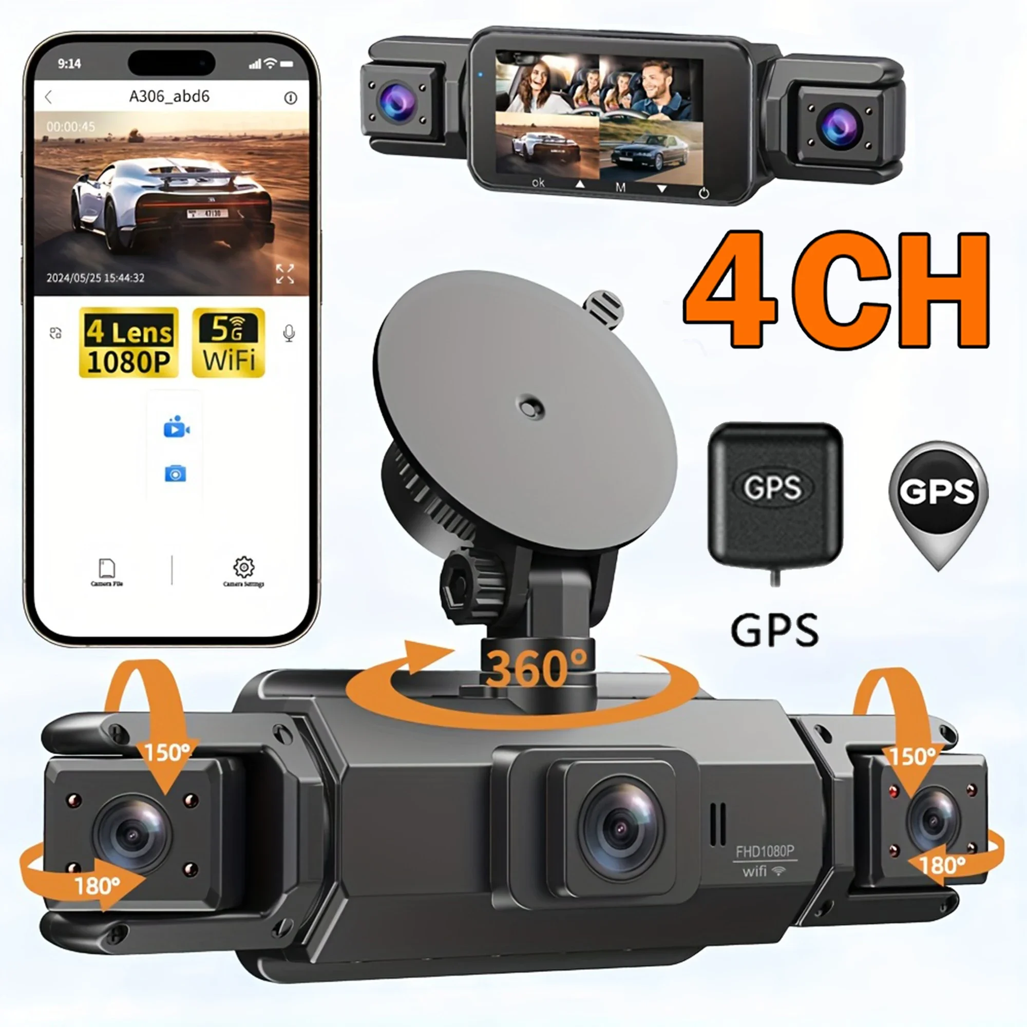 Dashcam grabadora de vídeo con grabación de voz de 4 canales 1080P con GPS WiFi APP Control visión nocturna cámara de salpicadero piezas de automóvil