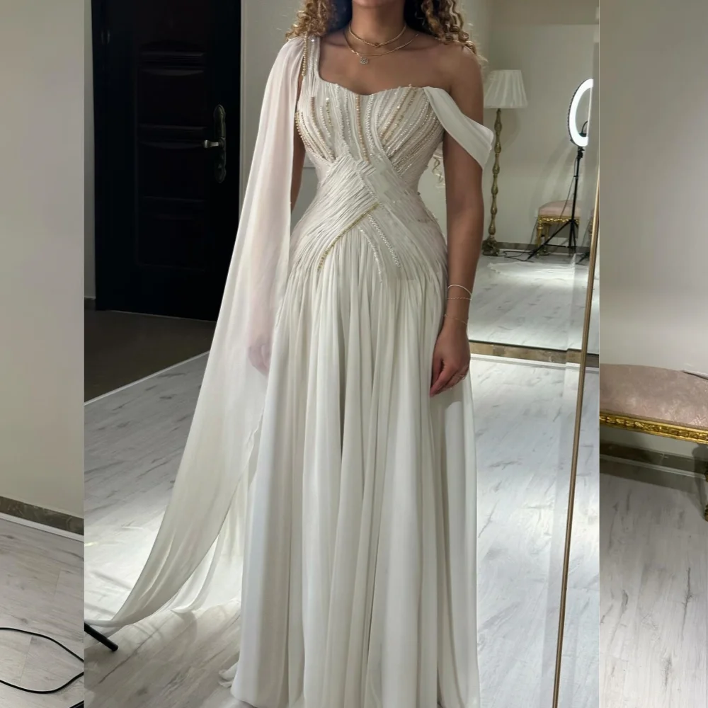 カスタマイズされたスパークル絶妙なジャージービーズドレープ婚約Aラインオフショルダーオーダーメイドオケージョンガウンロングドレス