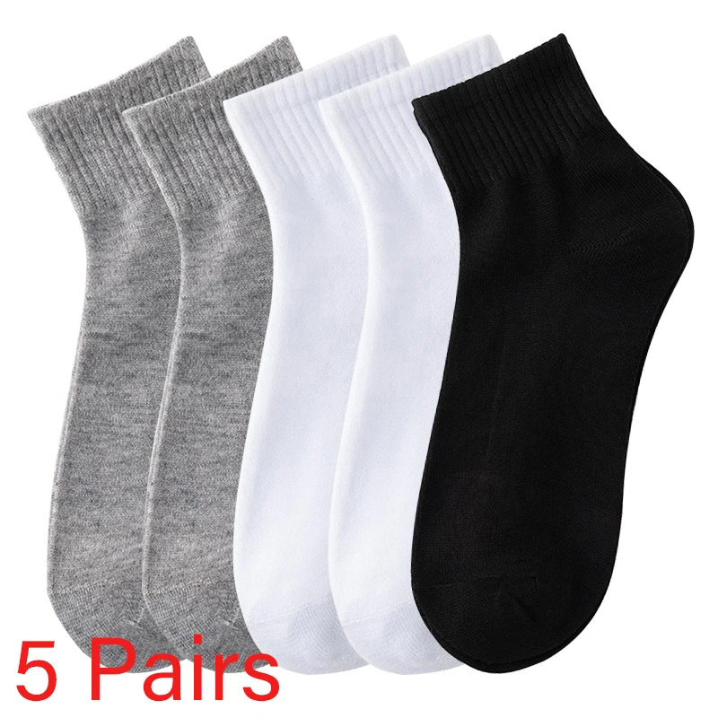 5 par/lote calcetines blancos y negros para hombre, calcetines cortos de malla deportivos de algodón transpirables simples y versátiles informales de Color sólido para negocios