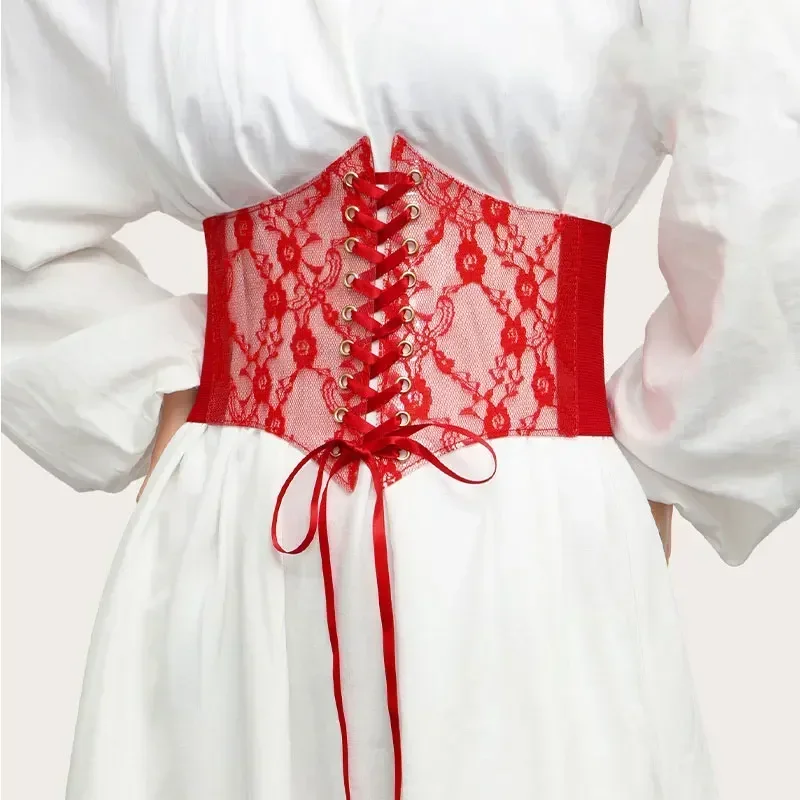 Mode Frauen Taille Korsett Blume Stickerei Elastischer Bund Schwarz Weiß Rot Rosa Breite Spitze Abnehmen Körper Gürtel Cummerbunds
