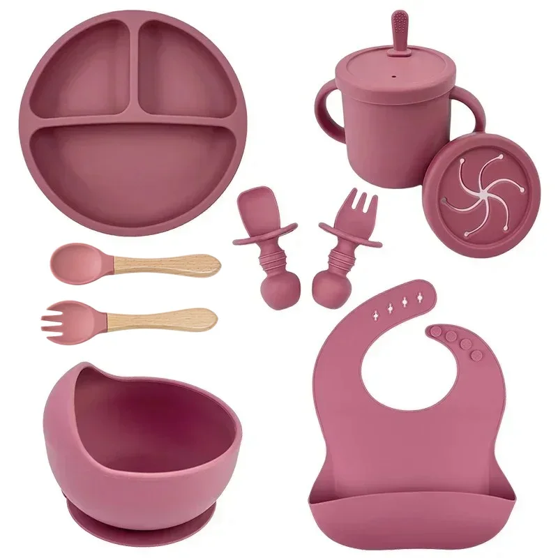 Ensemble de plats en Silicone de qualité alimentaire pour enfant, bol d'alimentation pour bébé, plaque d'aspiration, tasse en paille, cuillère fourchette en bois, vaisselle pour enfants, plats pour tout-petits