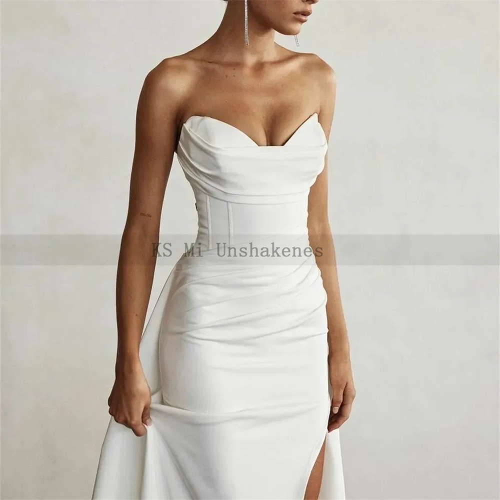 Abiti da sposa eleganti in raso bianco Abito da sposa economico senza spalline a sirena 2024 Abiti da sposa da chiesa con strascico lungo Boda personalizzati
