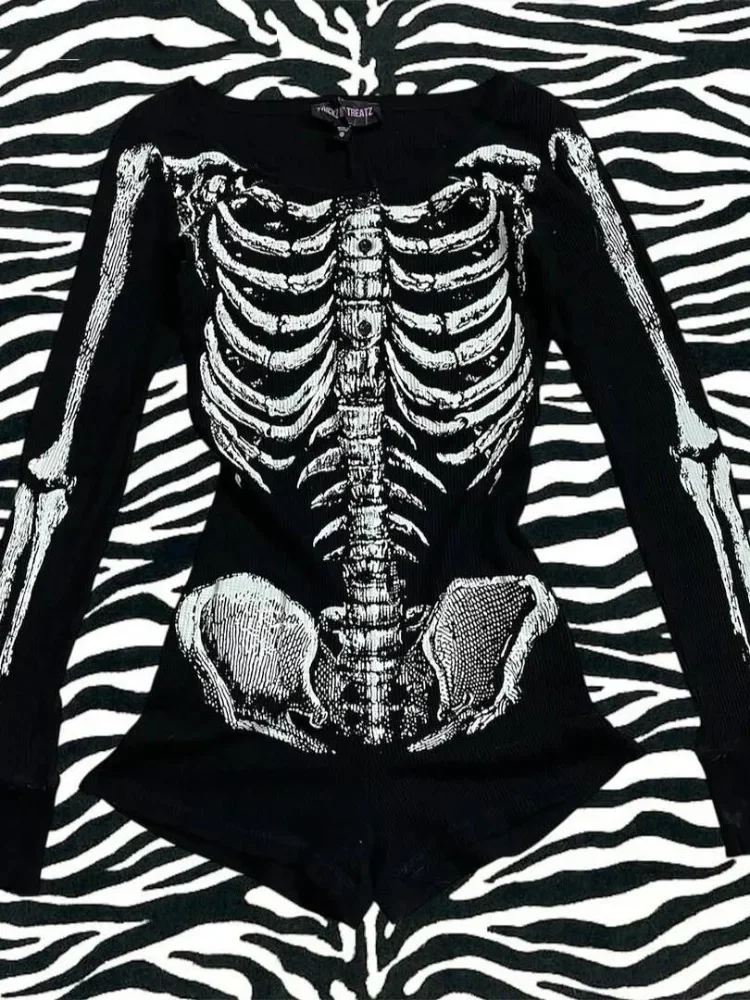 High street bodysuit punk crânios roupas femininas sem costas vintage 90s gótico magro escuro femme verão playsuit menina 2025 macacões
