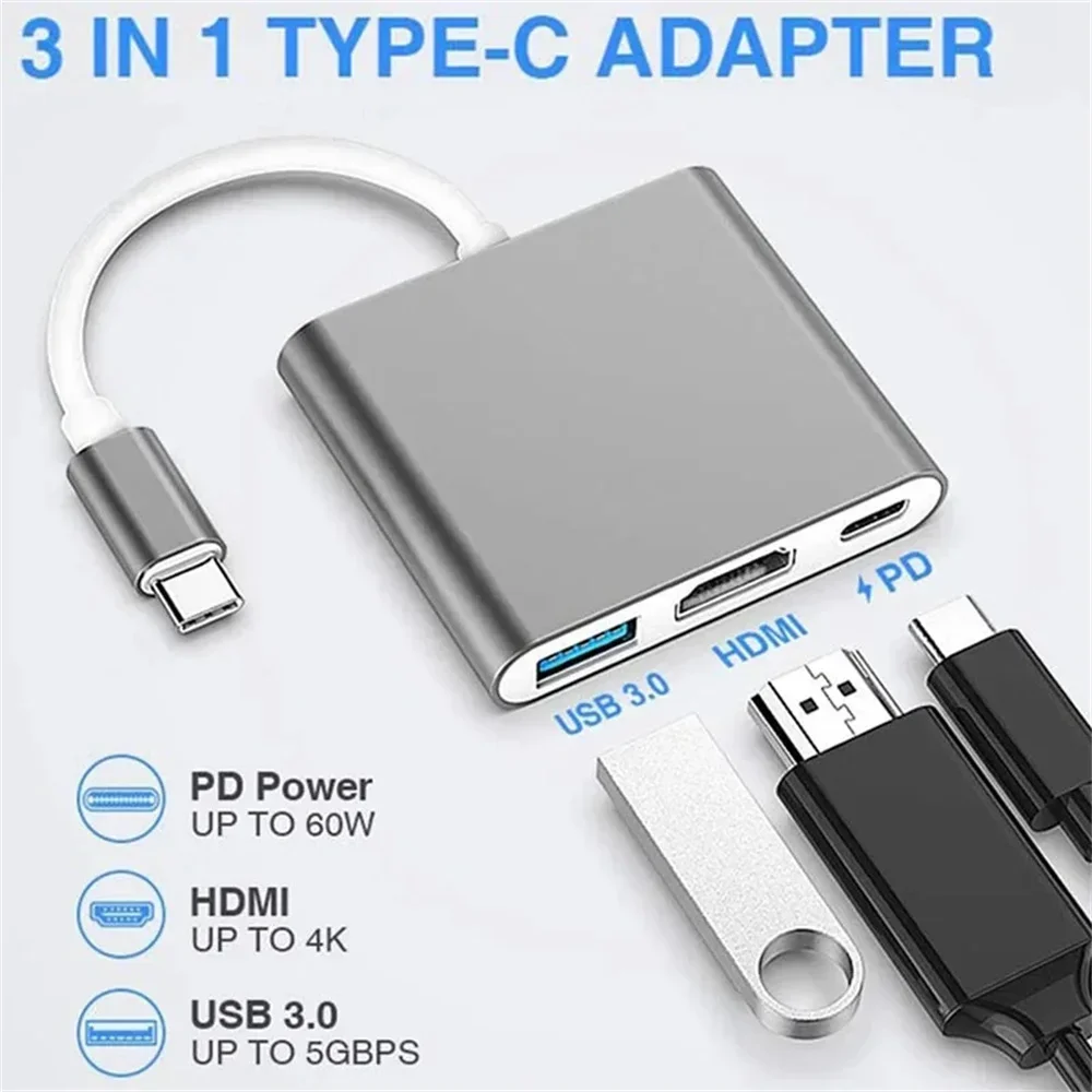3 in 1 USB C HUB Male To Female HDMI-Compatible Converter Adapter Type C Docking Station Fast Charging Splitter For MacBook Air