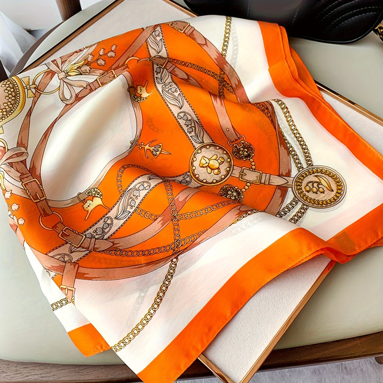 Bufanda cuadrada con estampado naranja y azul marino, chal protector solar fino y transpirable, envoltura para la cabeza informal a prueba de viento para exteriores para mujer