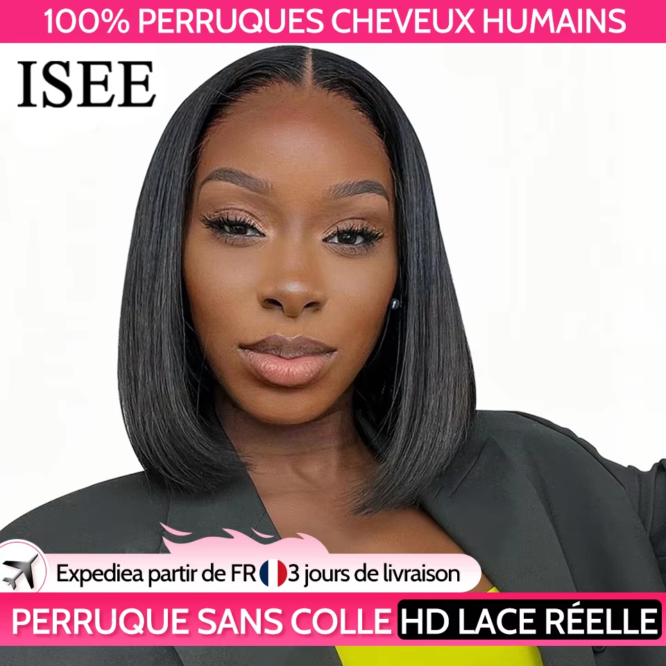Perruque Bob Lace Wig naturelle sans colle-ISEE HAIR, cheveux humains, pre-plucked, pre-plucked, pre-plucked, short bob, 6x4, wear and go