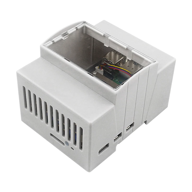 ABS-Gehäuse für Raspberry Pi 5, DIN-Schienengehäuse, großer Innenraum, durchsichtige Fenster-Elektrobox, optionaler aktiver Kühler für RPi 5 Pi5