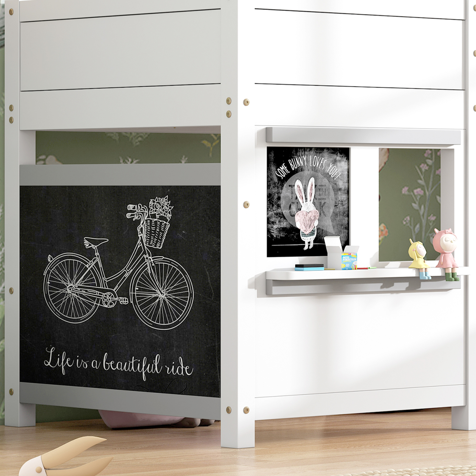 Lit maison, lit superposé, lit enfant, lit de jeu multifonctionnel avec deux planches Graffiti, avec petite étagère, 90x200cm, blanc
