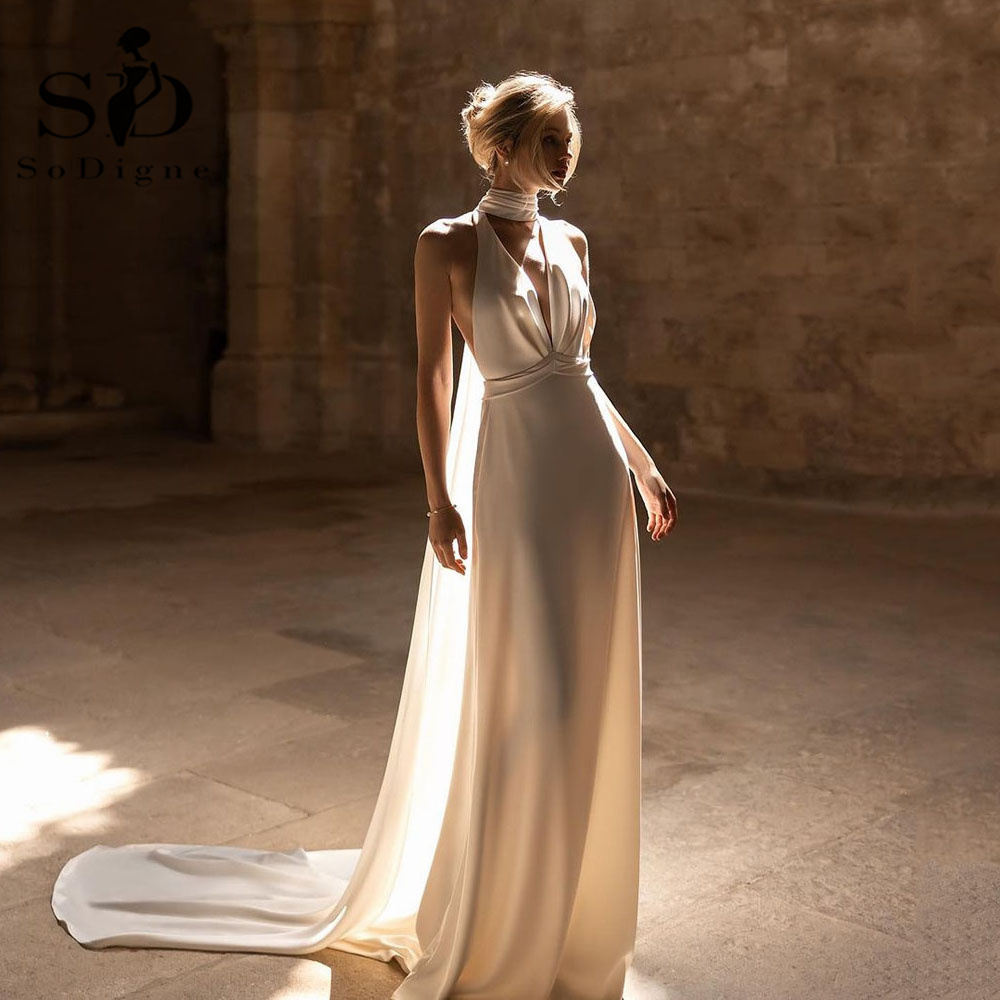 SoDigne-Robe de Mariée Longue en Satin Élégante, Col en V, Dos aux, pour la Plage, Style Boho, pour les Patients, Tout Personnalisé, 2024
