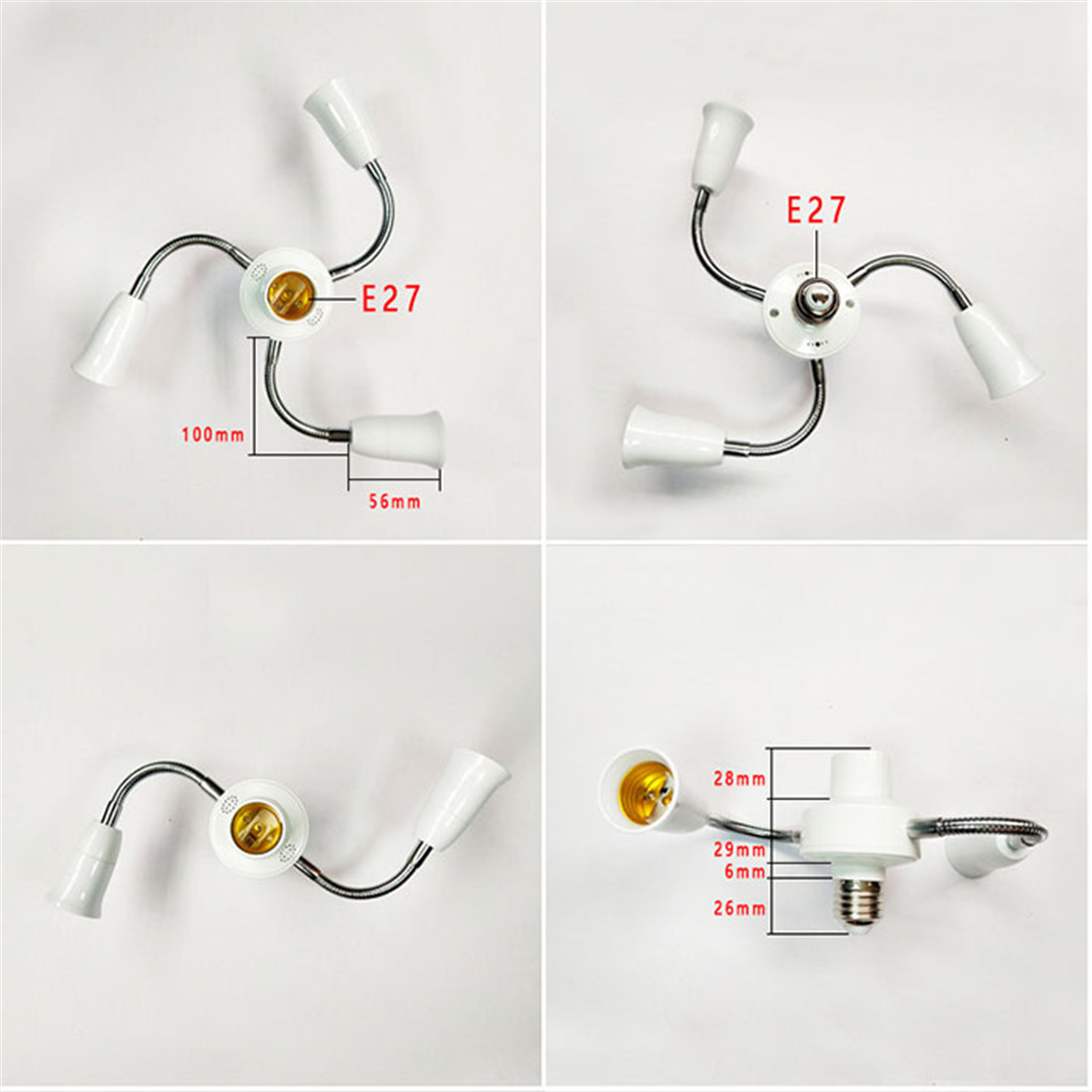 Adjustable White E27 Base Light Socket Splitter Gooseneck LED Bulbs Holder Converter with Extension Hose 3 4 5 Way Adapter