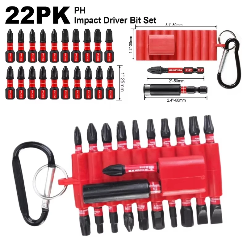 Set di 22 punte per cacciavite a percussione con custodia per organizer, punte multi-driver magnetiche in acciaio S2 e portapunte da 1 pezzo