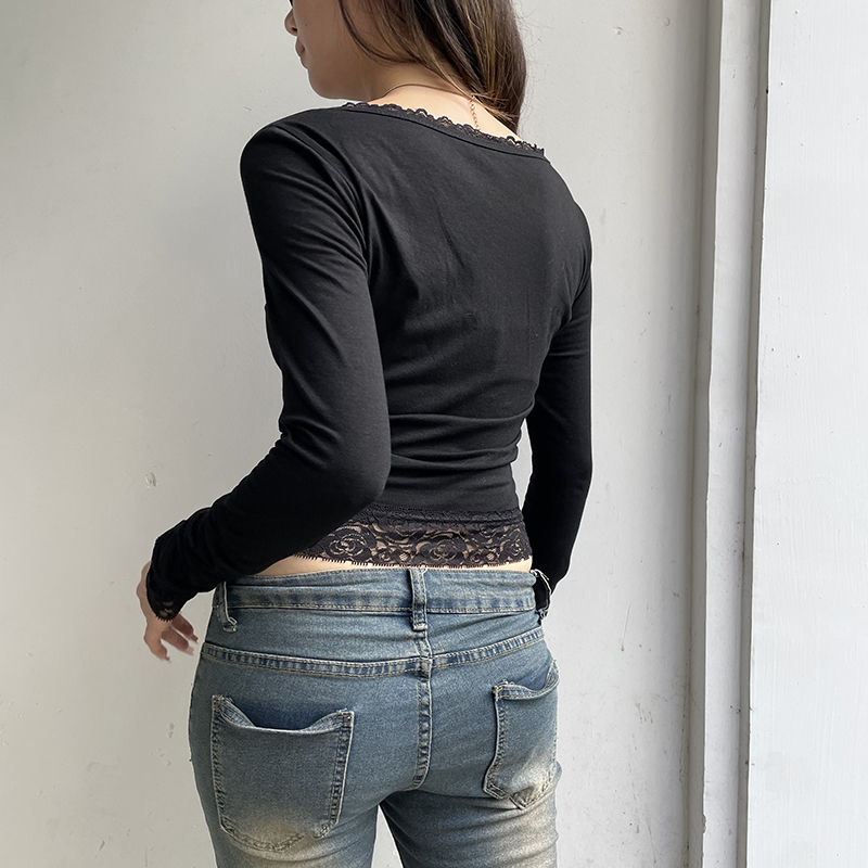 女性用長袖ラウンドネックレースTシャツ,用途の広いトップス,スリムフィットTシャツ,カジュアルなストリートウェア,セクシー,黒,新しい,ファッション,秋