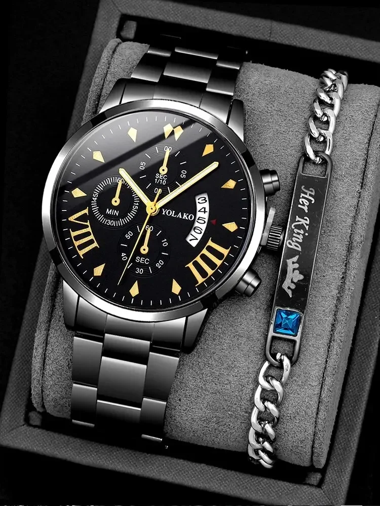 2 peças masculino negócios cavalheiro pulseira de aço calendário relógio de quartzo + pulseira de corrente conjunto relógio