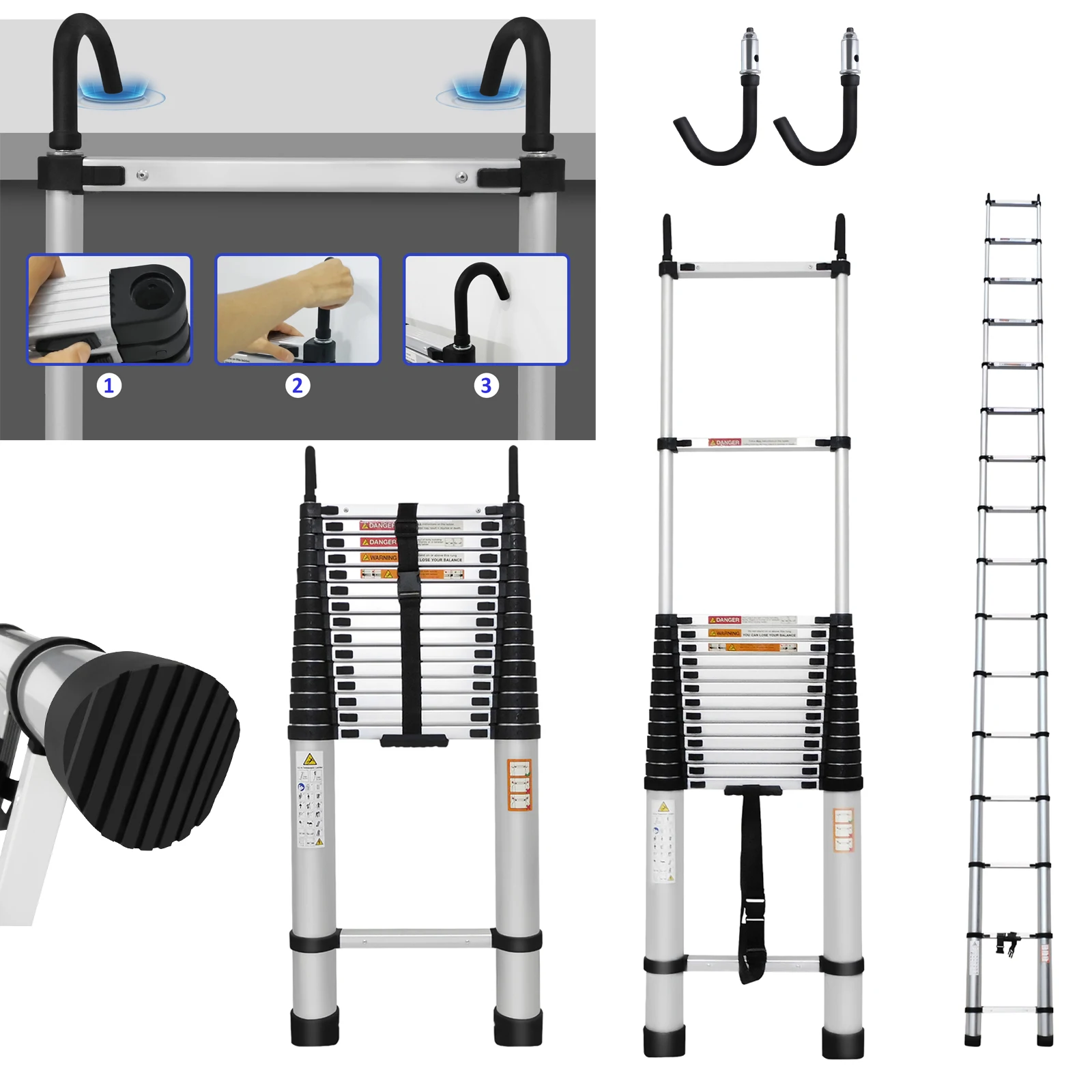 6.2m/20.3ft Folding Extension Ladder Multi Purpose Steps with Detachable Hooks Max Load 150kg for Multipurpose Super High
