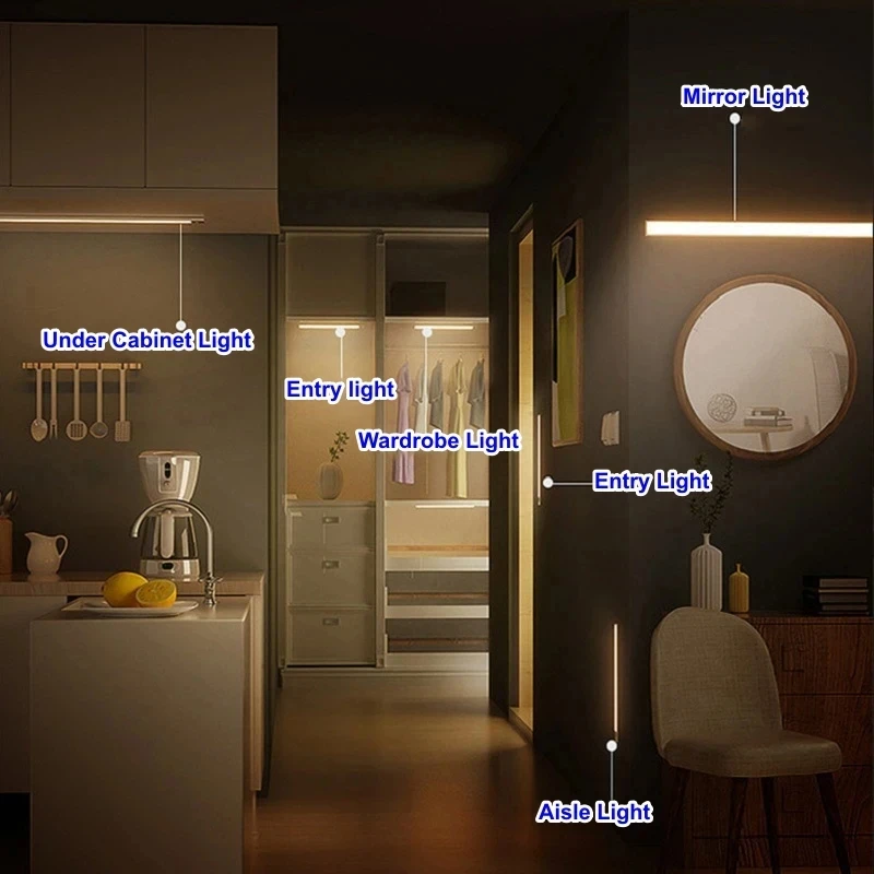 Led 충전 인체 센서 라이트 바 옷장 캐비닛 침실 기숙사 잠자는 자기 긴 스트립 야간 조명