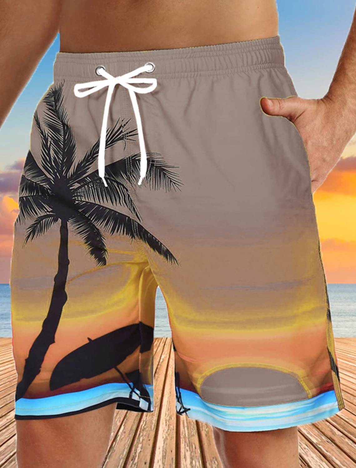 Pantalones cortos de baño para hombre, Bermudas, pantalones cortos de playa con cordón, estampado 3D, gráfico de árbol de coco, pantalones cortos transpirables de secado rápido