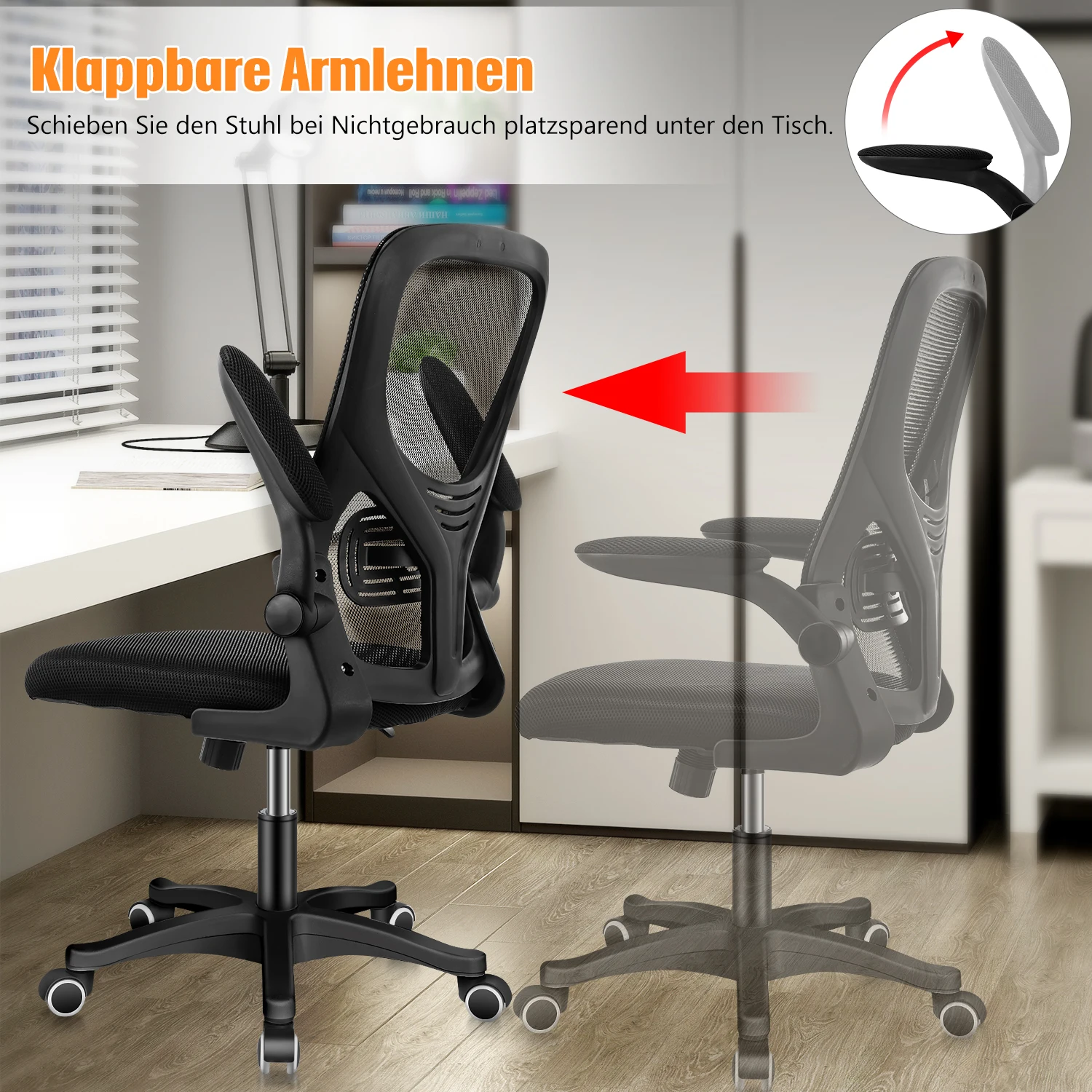 Bürostuhl mit Verstellbaren Armlehnen, Ergonomischer Schreibtischstuhl mit Netzbespannung, Lordosenstütze, Höhenverstellbarer, Gepolstertem Sitzkissen, 360° Drehstuhl, Schwarz
