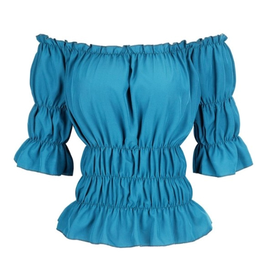 ผู้หญิงยุคกลาง Renaissance Pirate Corset เสื้อปิดไหล่เอวยางยืด Steampunk เสื้อแขนสั้น