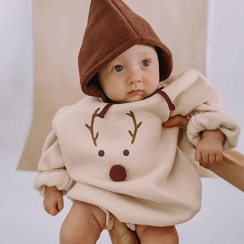 2023 nuevo disfraz de Navidad de invierno para bebés, niños y niñas, mono con estampado de dibujos animados, monos gruesos de felpa, ropa de Año Nuevo