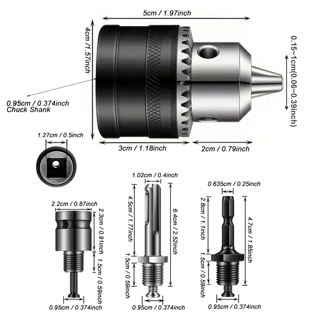 1,5–13 mm Bohrfutter, 1/2–20 UNF-Montage, Schlagschrauber-Bits, Spannfutter-Konvertierung, Sechskantschaft/SDS-Plus-Sockel, quadratischer Adapter mit Spannfutterschlüssel