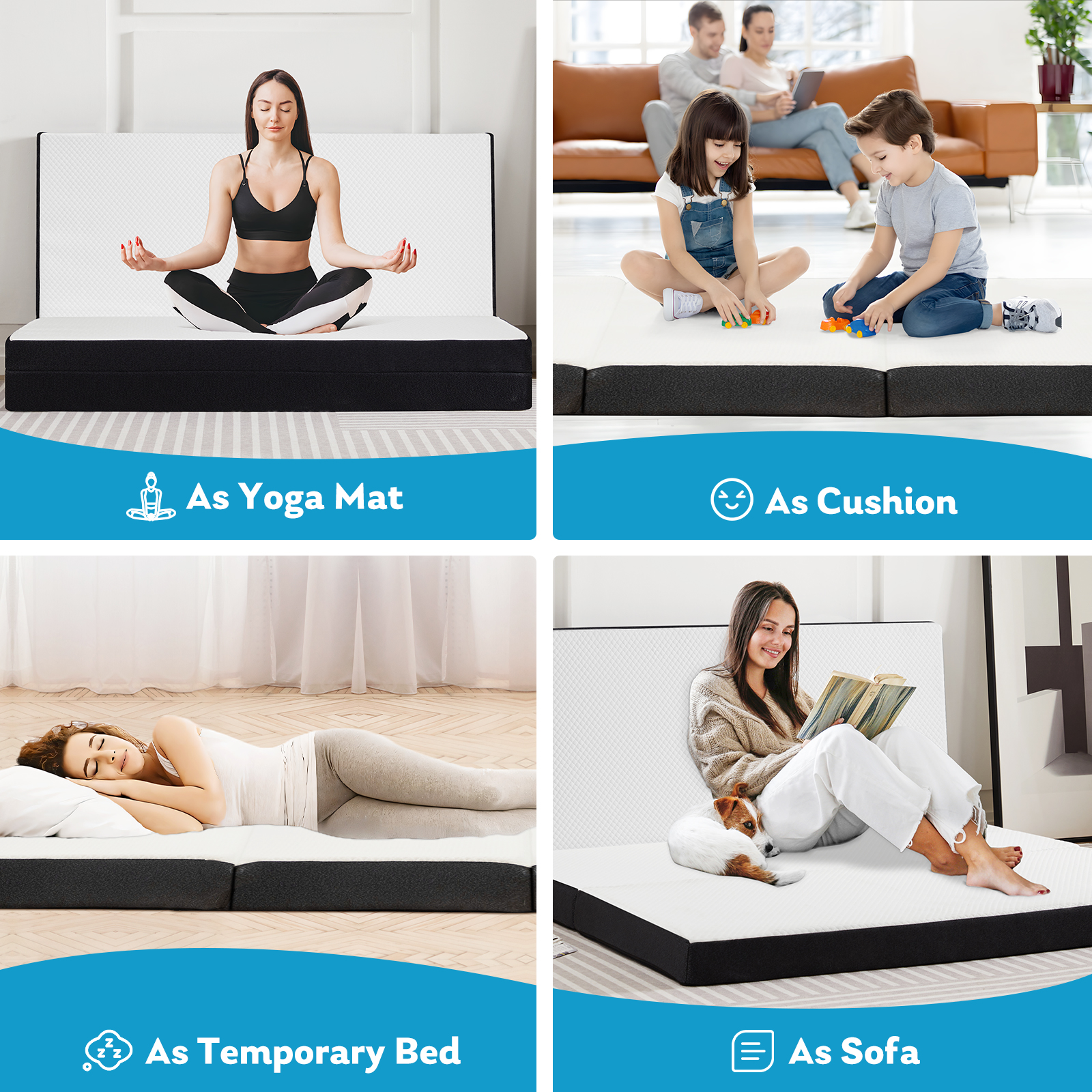 JHK Three Fold Portable Floor Bed,Certified By CertiPUR-US,Suitable For Travel,Camping,And Yoga,Soft Touch And Flexible Zipper