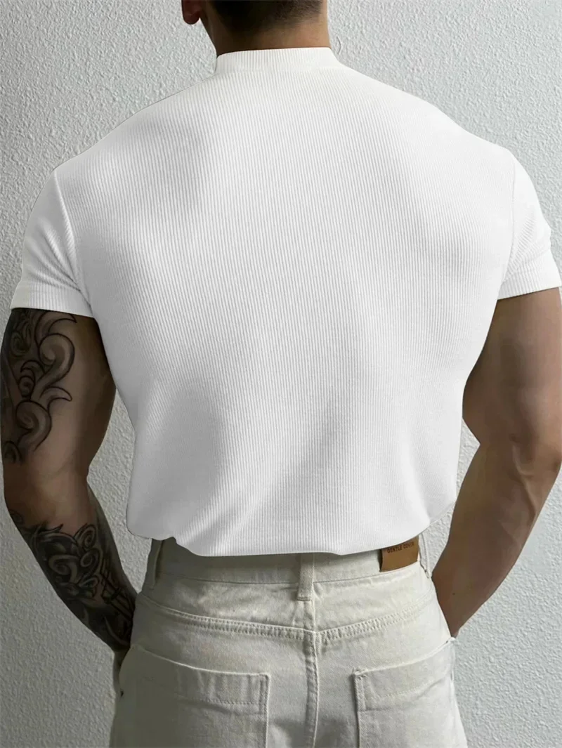 Primavera verão elástico confortável camiseta masculina pequena gola alta listra camisa de manga curta fitness topos esportes casual camiseta