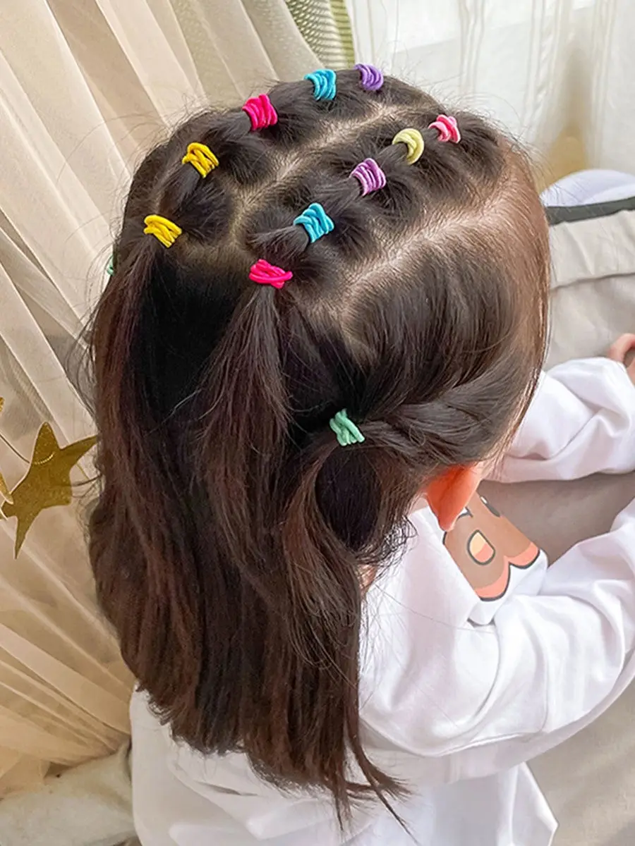 Conjunto de faixa de borracha colorida para crianças pequenas, 100 peças, 2cm de altura, anéis de polegar elásticos que não machucam o cabelo, scrunchies de bebê, linha pequena