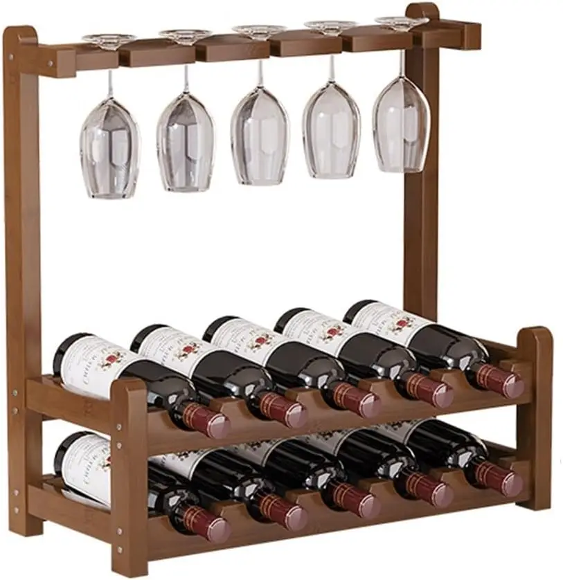 Kostenloser Versand – Weinregal aus Bambus, stabil und langlebig, Aufbewahrungsschrank für die Arbeitsplatte, Regal – 5 Tassen, 10 Flasc