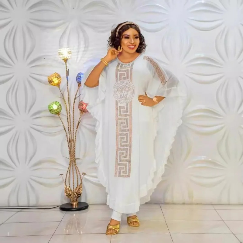 Afrikaanse Plus Size Chiffon Middellange Driedelig Pak Ultrafijne Vezel Vijf Mouwen Fly Mouw Chiffon Rok Set