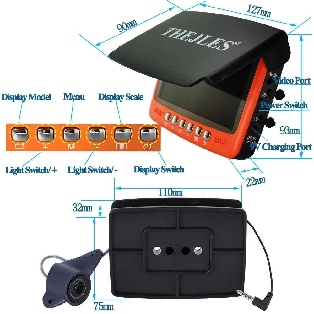 Cámara subacuática THEJLES HD 1000 Line para pesca en hielo, buscador de peces con pantalla IPS de 4,3 pulgadas y 8 luces infrarrojas que se puede girar/apagar