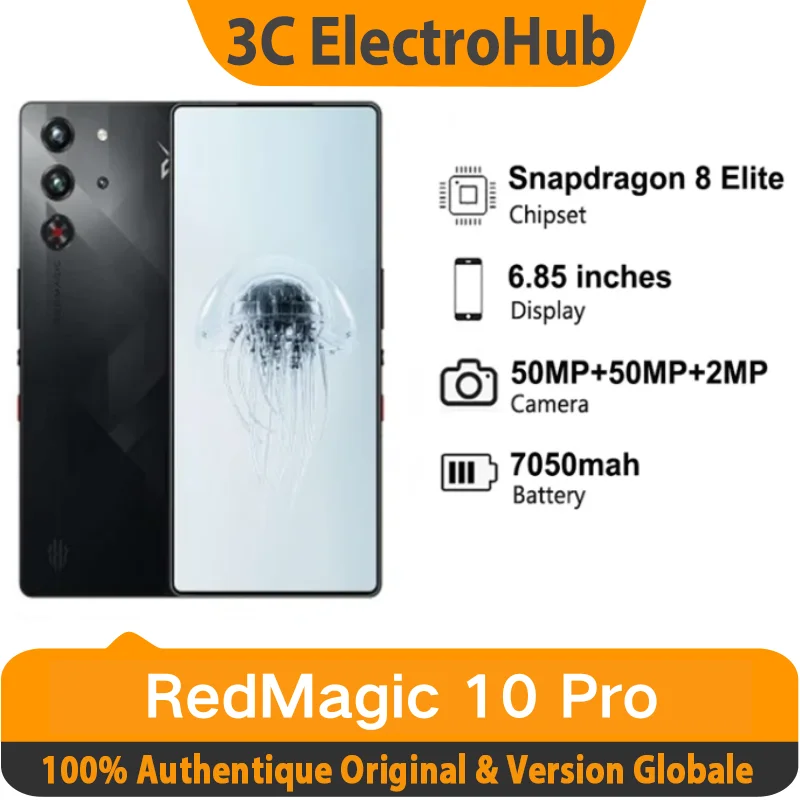 RedMagic 10 Pro,Versione globale,6,85 punti,Snapdragon 8 Elite,7050 mAh,Carica 100W,50MP,NFC,12 Go RAM,ROM 256 Go,Telefono intelligente