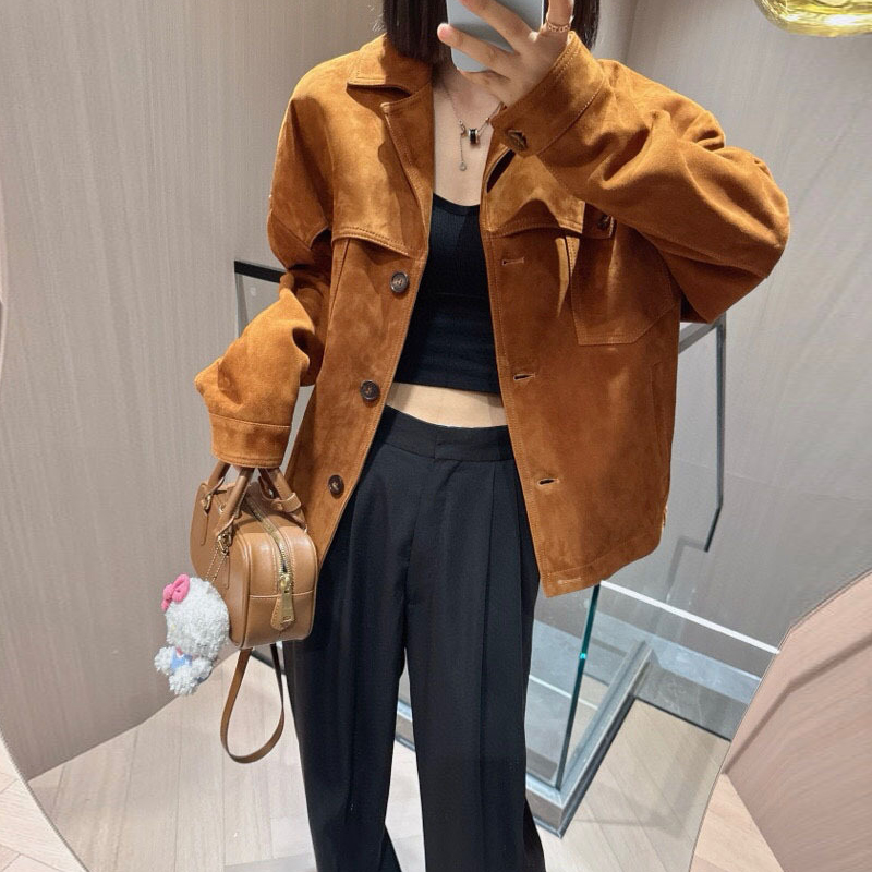 女性用本革ジャケット,シープスキン,ヴィンテージスエード,ポケット,カジュアル,ルーズ,作業服,高級品,品質,秋冬,2024