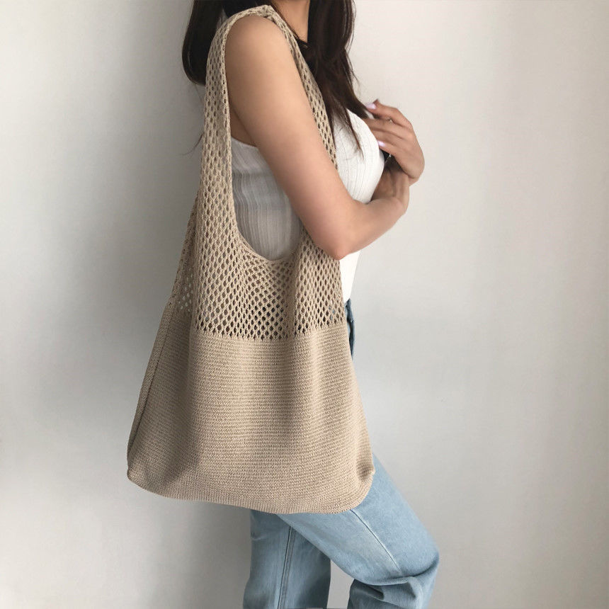 Neue Trend frauen Tasche Häkeln Handtasche Retro Gestrickte Geflecht Einfarbig Hohl Schwarz Khaki Top-griff Einkaufstasche shopper