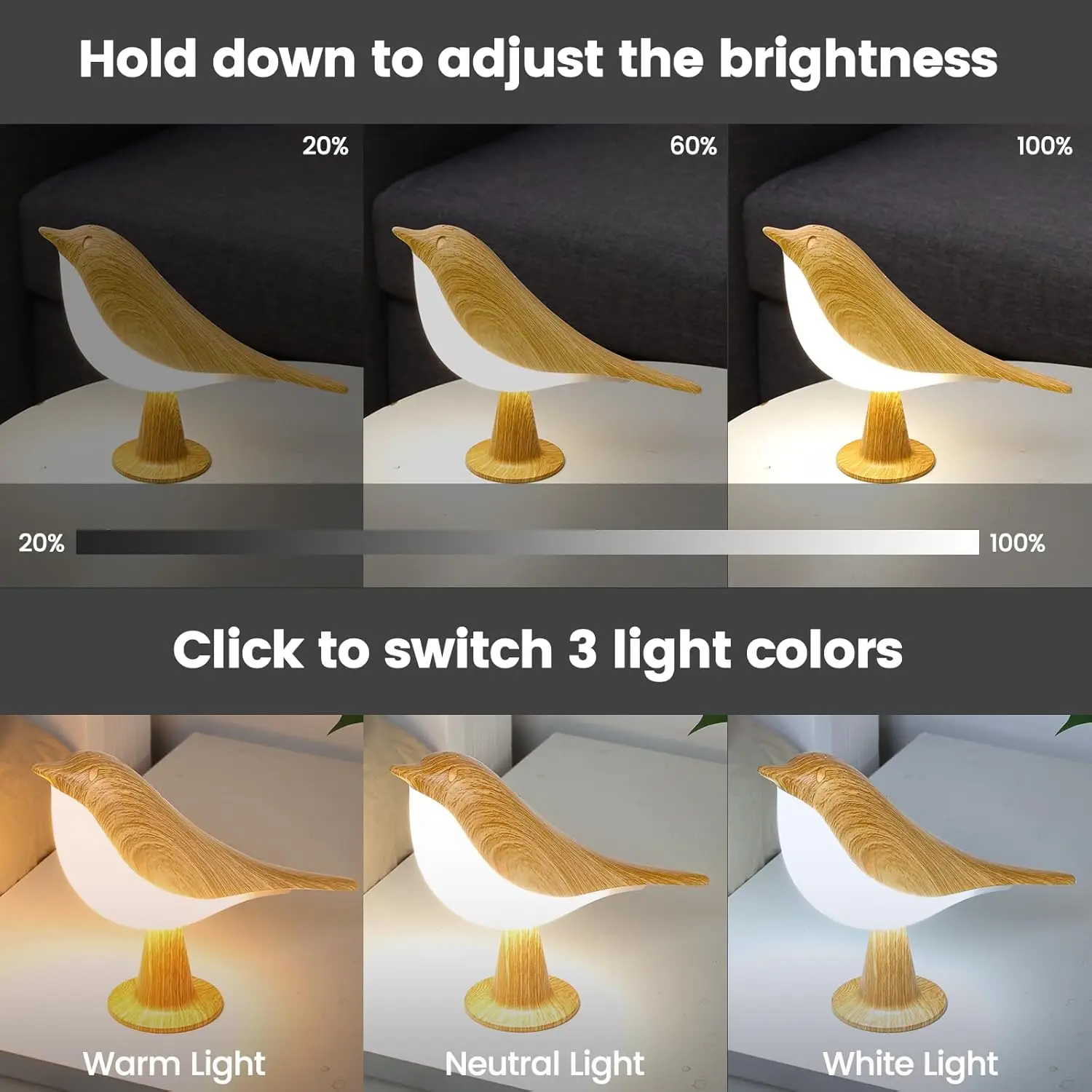 1 lámpara LED para pájaros con control táctil, Art Deco, 3 niveles regulables, USB inalámbrico con batería recargable, versátil para todas las habitaciones