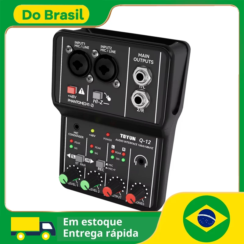 Teyun Q-12 placa de som misturador de áudio placa de som console interface do sistema de mesa 4 canais 48v potência estéreo placa de som do computador
