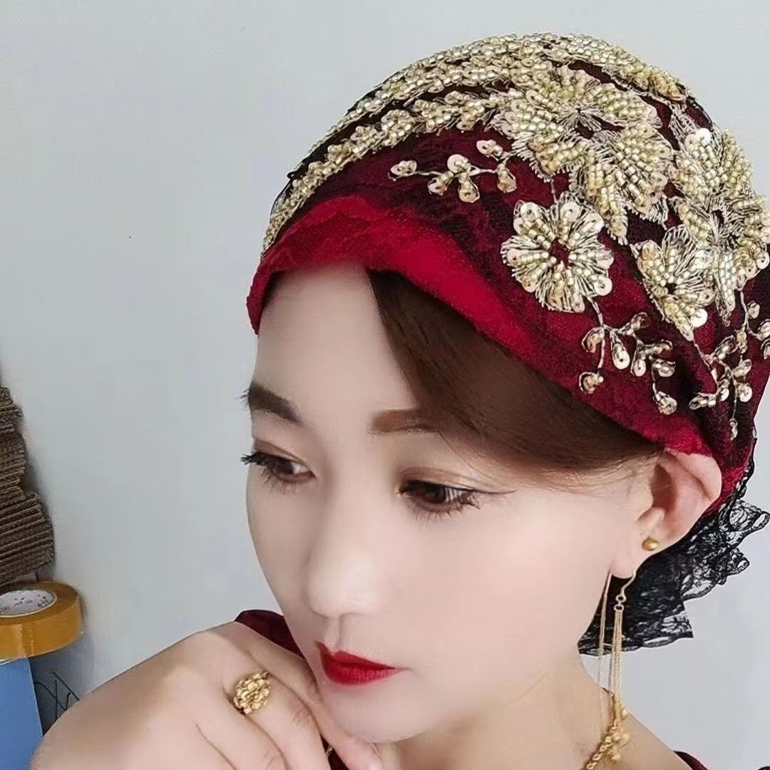 Gorros de turbante de encaje con bordado de diamantes brillantes para mujer, pañuelo musulmán para la cabeza, gorros para mujer, gorro diario, gorro para cubrir el cabello