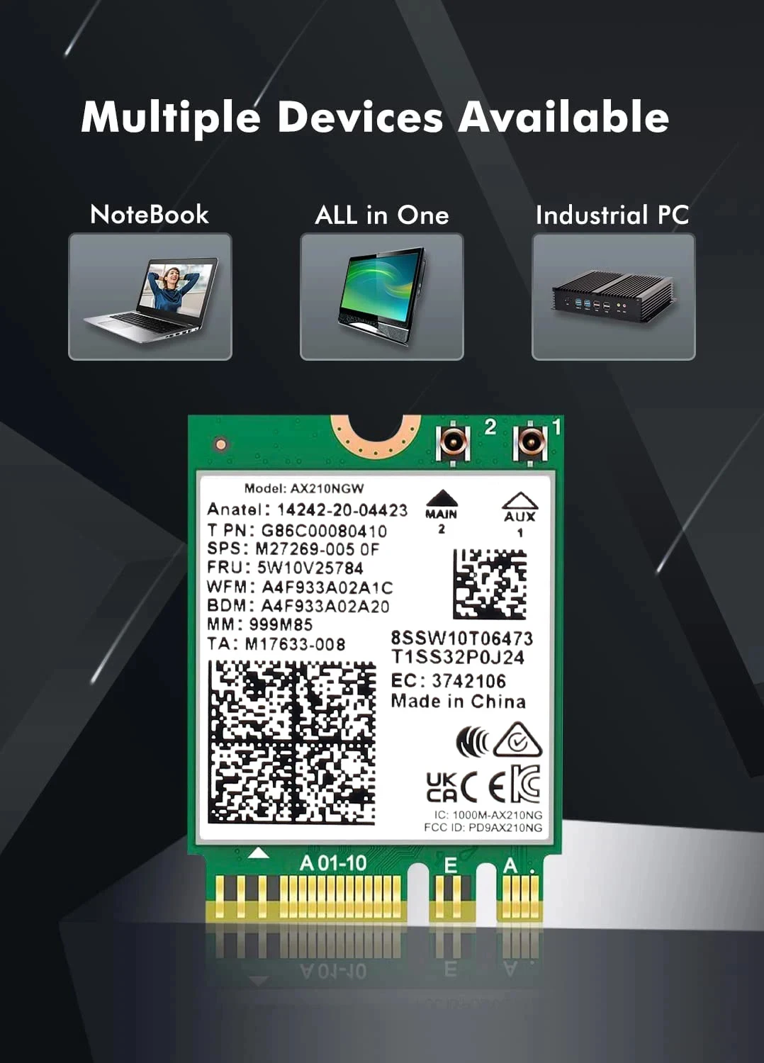 WiFi 6E AX210 Wireless Card 5374Mbps BT5.3 Tri-Band 2.4GHz/5GHz/6GHz 802.11ax High-Speed Network Adapter AX210NGW Fow Win10/11