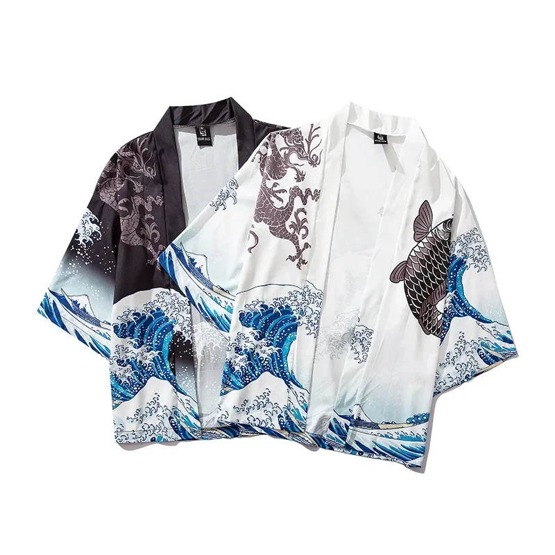 สีดํากิโมโนเสื้อสเวตเตอร์ถักผู้หญิงผู้ชายญี่ปุ่น Obi ชาย Yukata ผู้ชายเสื้อคลุมฮาโอริญี่ปุ่น Wave ปลาคาร์พพิมพ์เสื้อแบบดั้งเดิมญี่ปุ่นเสื้อผ้า
