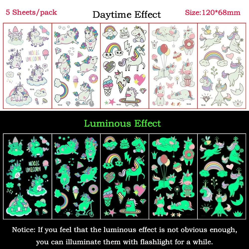 5 шт./компл., ночные светящиеся татуировки, временные детские наклейки с единорогом, феями, животными, украшения для вечеринок, флуоресцентные татуировки, наклейки
