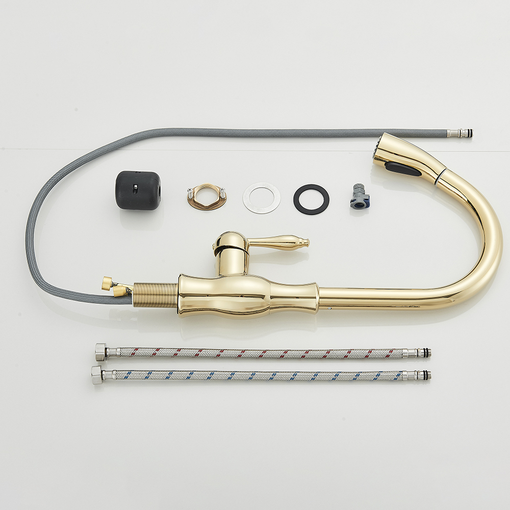 Uythner ouro polonês bico giratório torneira da pia da cozinha puxar para baixo pulverizador design de moda banheiro cozinha água quente e fria misturadora