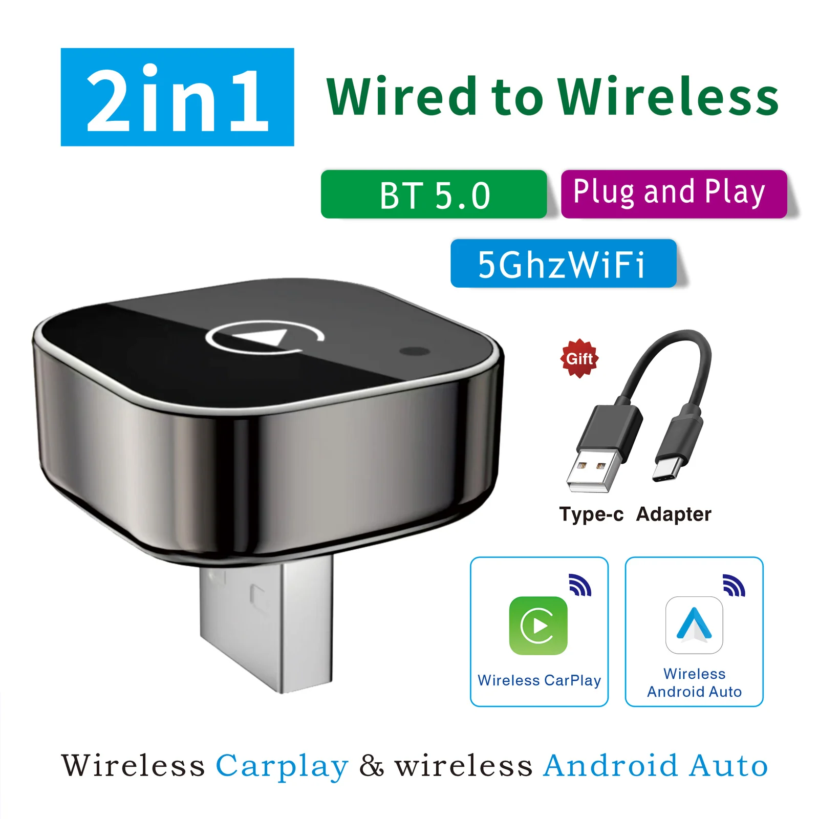 Draadloze CarPlay-adapter voor iPhone - Mini Plug & Play Auto Connect, 5GHz WiFi lage latentie, iOS 10+ compatibel met bekabelde CarPlay