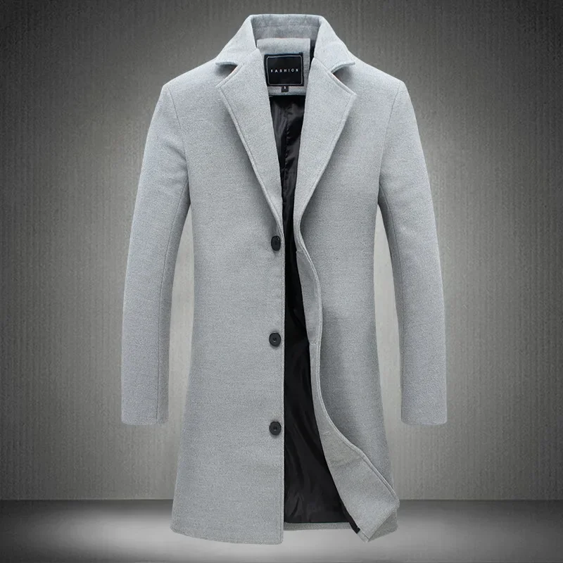2024 frühling Herbst Neue Lange Baumwolle Mantel Neue Wolle Mischung Reine Farbe Casual Business-Mode männer Kleidung Schlank Windjacke