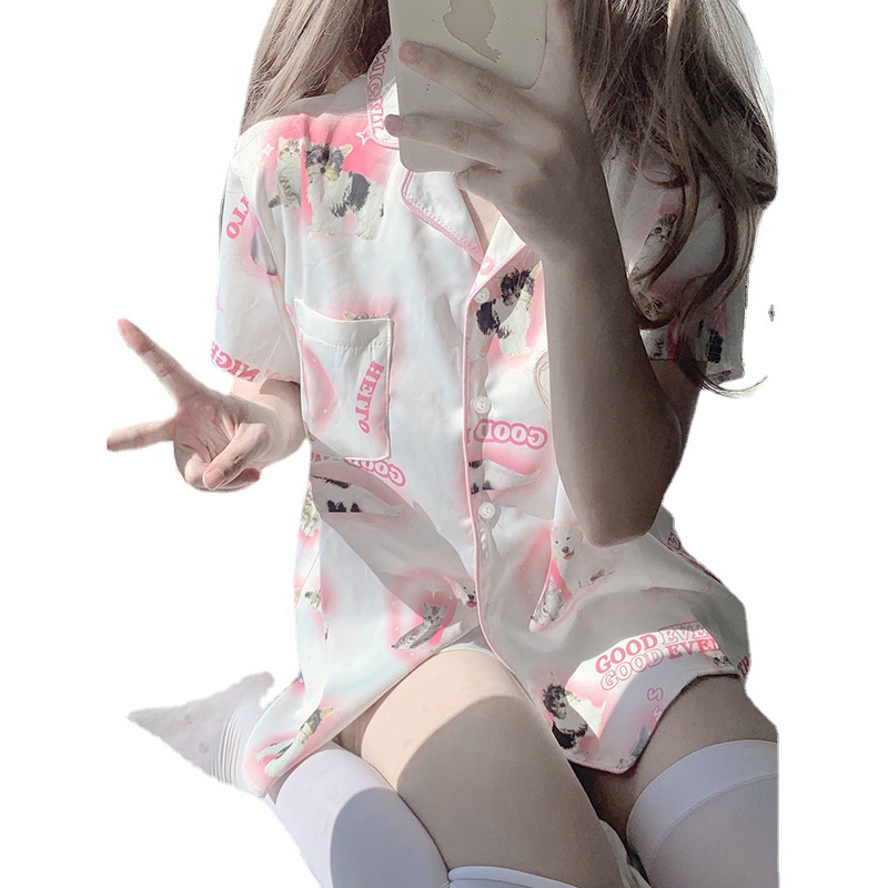 Cartoon Neue Rosa Serie Cartoon Katze Pyjamas Nette Pjs Kurzarm Shorts Pyjamas Komfortable Hause Kleidung Mädchen Nachtwäsche