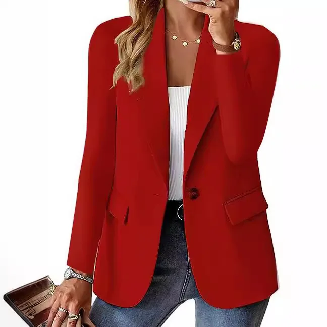 Europe and The United States Fashion Solid Color Single Button Suit Jacket, Women's Autumn Leisure Slim Small Suit with Pockets