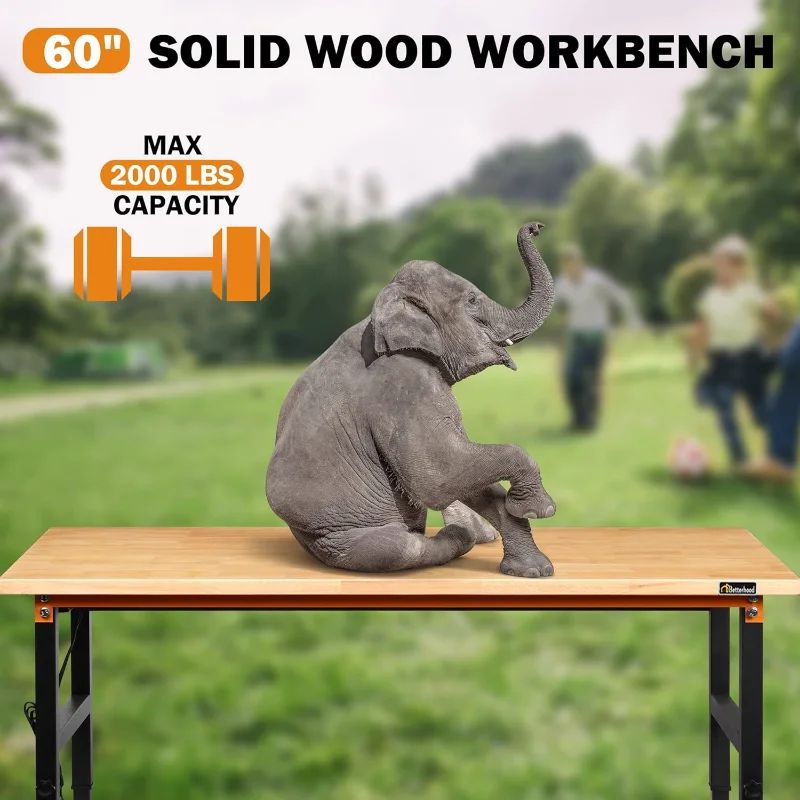 Adjustable Height Workbench, 60" Rubber Wood Top Heavy Duty Workstation with Power Outlets, 2000 LBS Load Capacity Hardwood