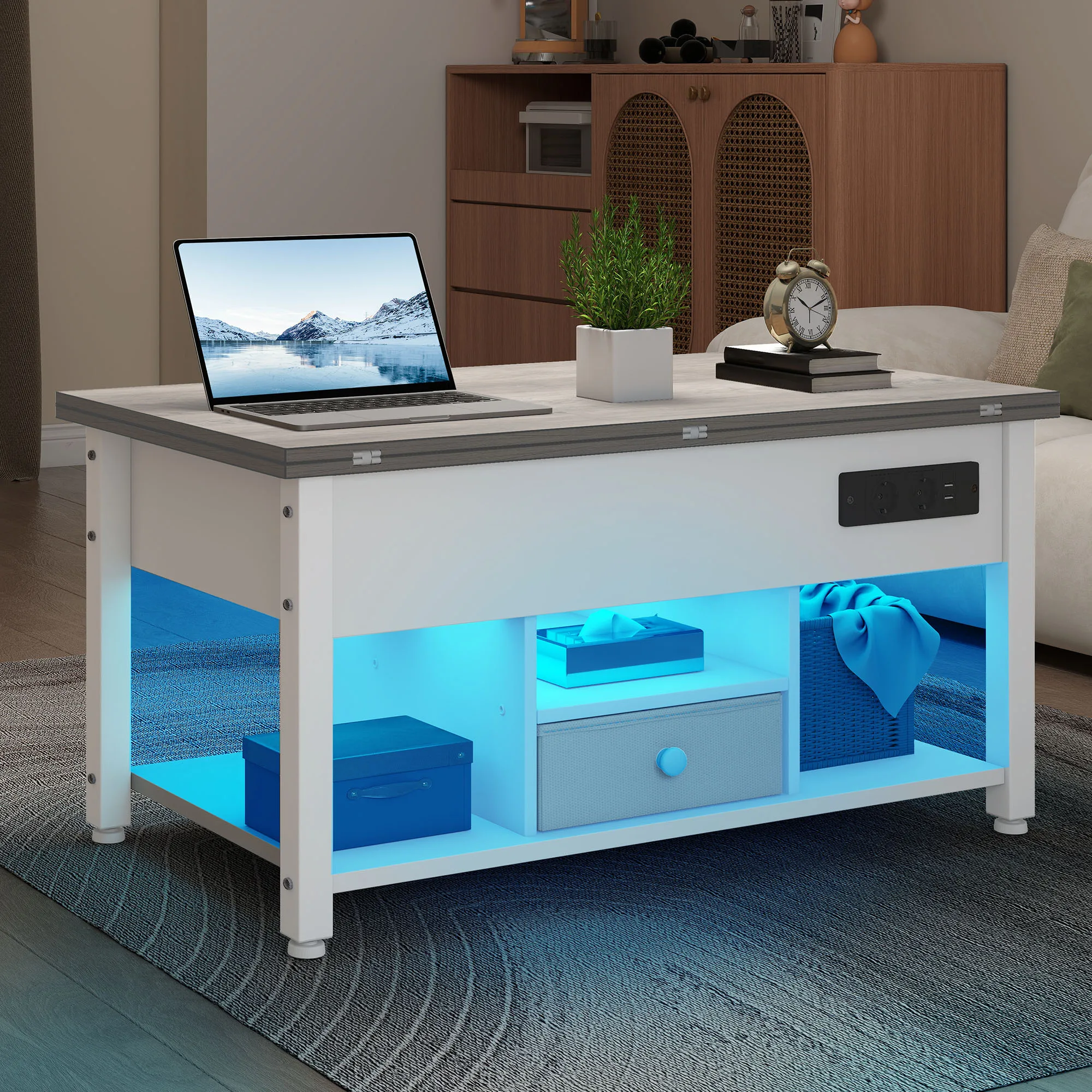 YITAHOME Table basse 4 en 1 blanche et grise – Hauteur réglable, convertit en table à manger avec rangement et éclairage LED