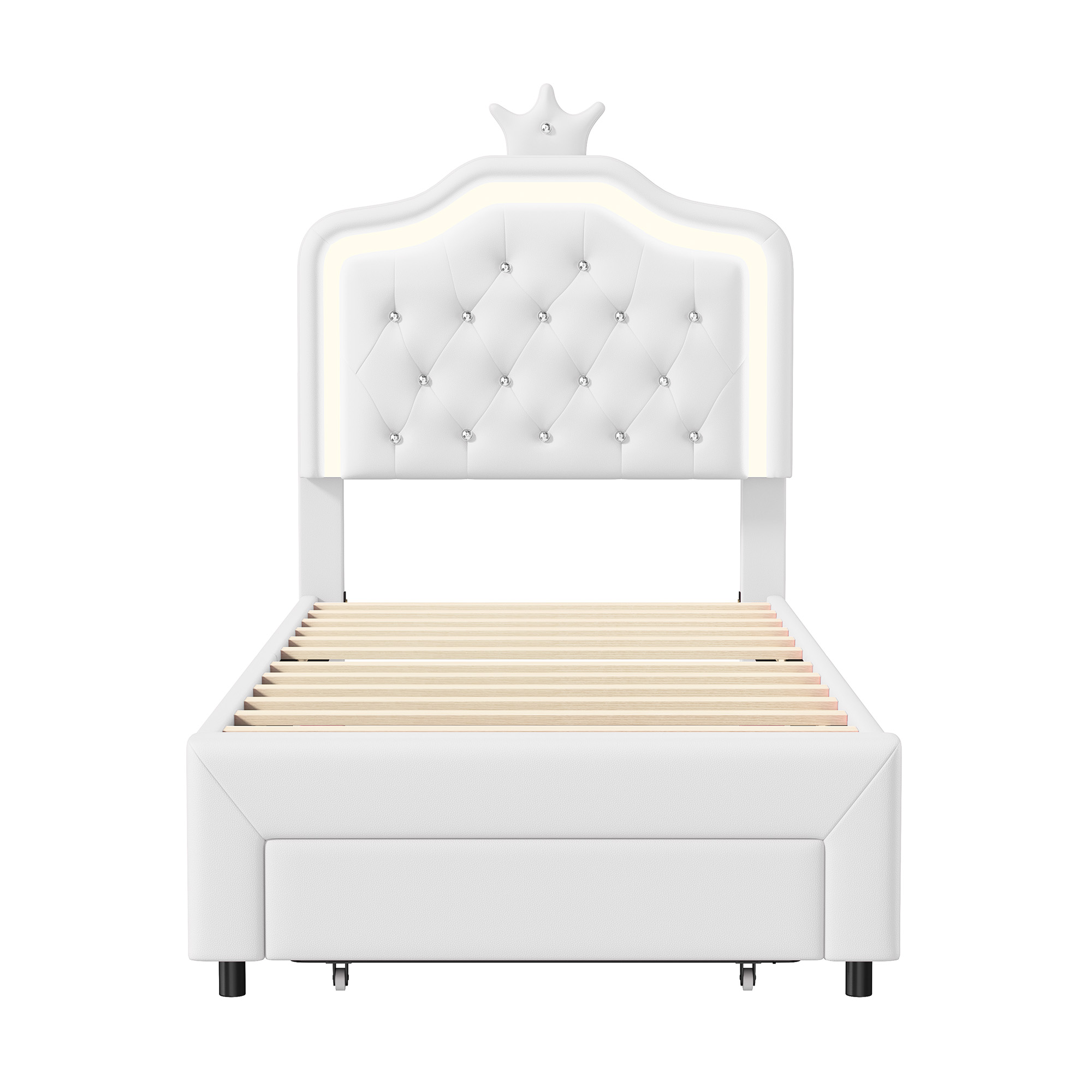 Lit bébé avec 1 égout de proximité et lumières LED, 90x200 cm, simple, blanc, filles, cuir PU, base à lattes et dossier