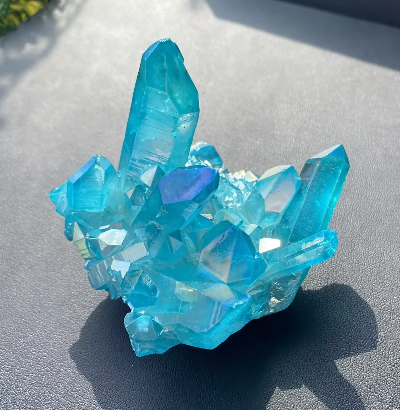 Quartz Natural Stones,Sky Blue Quartz Electroplating Titanium Crystal Cluster Stone Specimens Cured Coating Healing Crystals