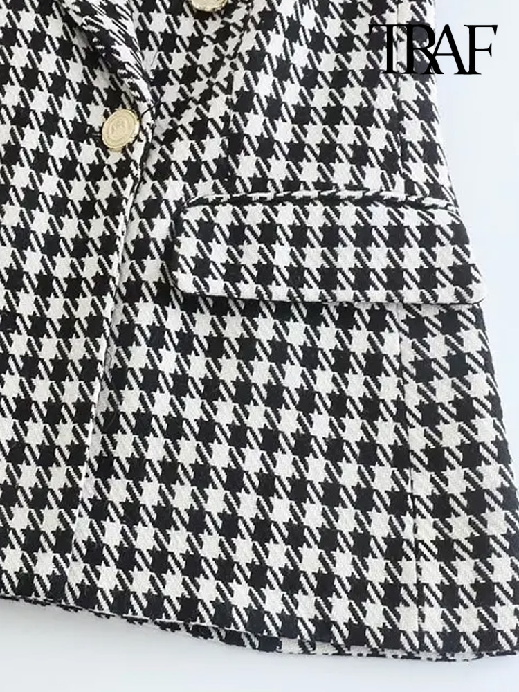 TRAF ผู้หญิงแฟชั่น Double Breasted Houndstooth Blazer Coat Vintage แขนยาวกระเป๋าหญิง Outerwear Chic Vestes
