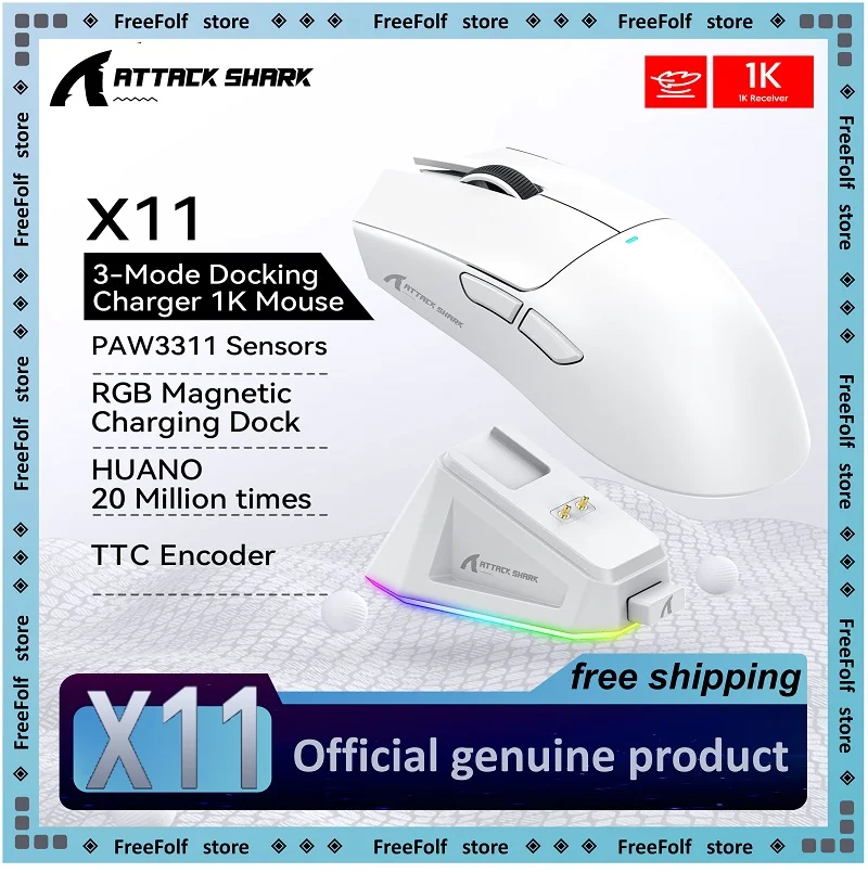 Ratón inalámbrico para juegos Attack Shark X11: 3 modos (2,4 GHz/con cable/Bluetooth), PAW3311, 22000 DPI, 400IPS, ratón para juegos de PC